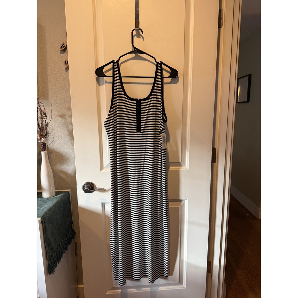 Torrid Black White Striped Ribbed Hook‎ Eye Front Midi Bodycon Tank Dress Womens - Picture 6 of 8